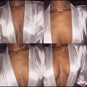Multi Row Boho Tennis Chain Rhinestones Choker Long Chain Necklace for Women